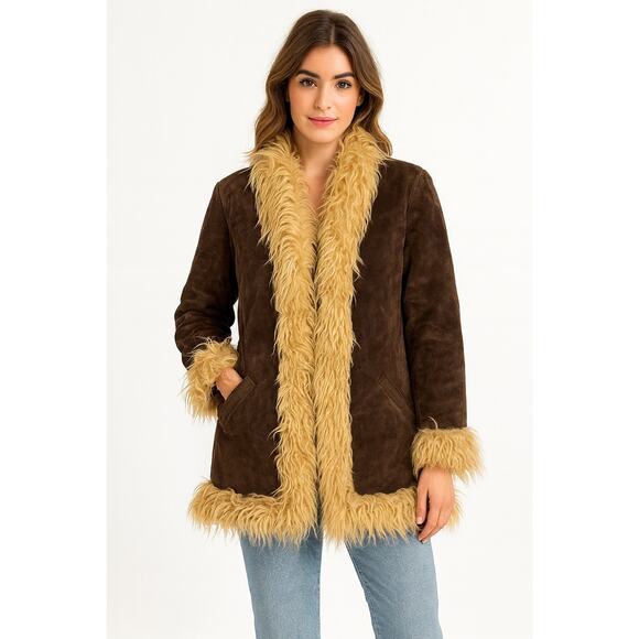 Y2K dELiA*s Suede Faux Fur Trim Jacket – Brown Shaggy Coat Size M (1990s/2000s) - Picture 1 of 13